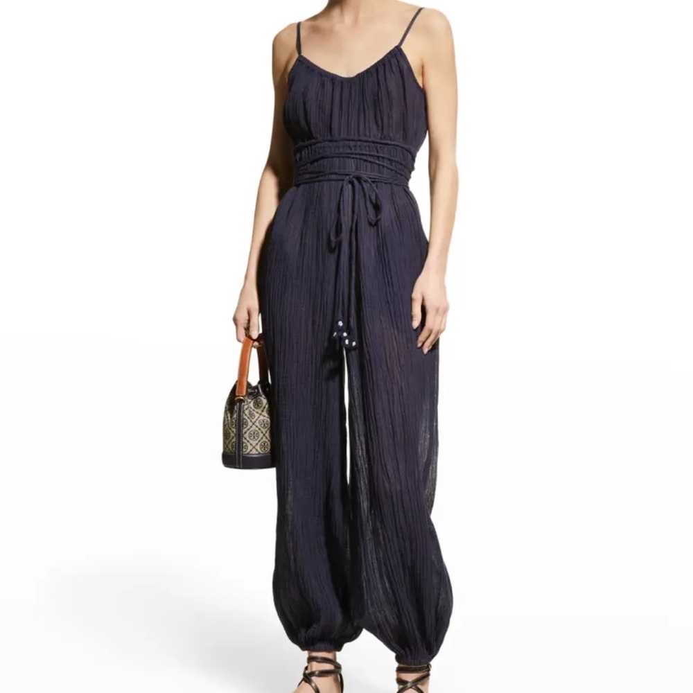Tory Burch Crinkle Gauze Tassel Belt Jumpsuit size small